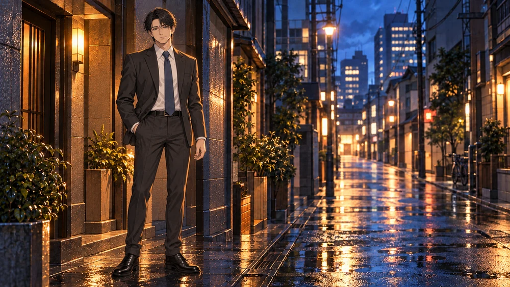 長身のスーツ姿になった雨宮の終了用イラスト