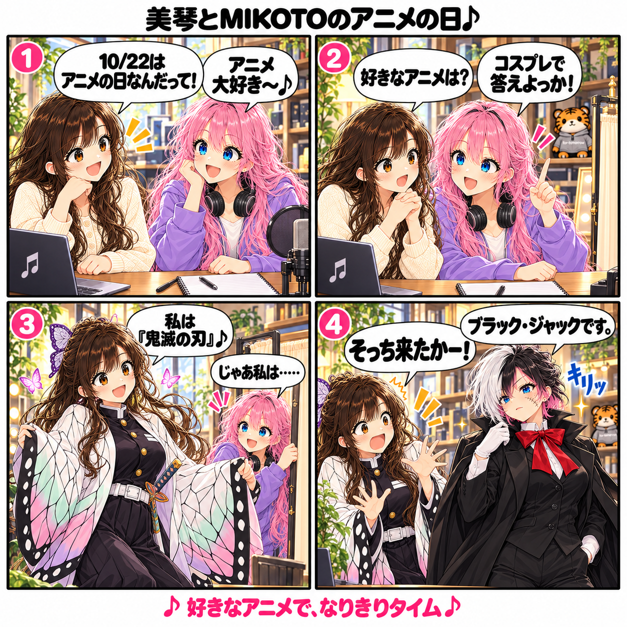 美琴とMIKOTOのアニメの日。美琴が好きなアニメを尋ねると、MIKOTOがコスプレで答えようと提案。美琴は鬼滅の刃の蝶柄の羽織姿に。MIKOTOはブラック・ジャックの衣装に変わり、美琴が「そっち来たかー！」と驚く4コマ漫画。