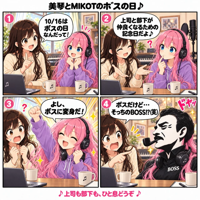 美琴とMIKOTOのボスの日。美琴が上司と部下が仲良くなるための記念日だと説明すると、MIKOTOが「ボスに変身だ！」。黒い上着とパイプのボス姿に変わり、美琴が「そっちのBOSS!?」と驚く4コマ漫画。