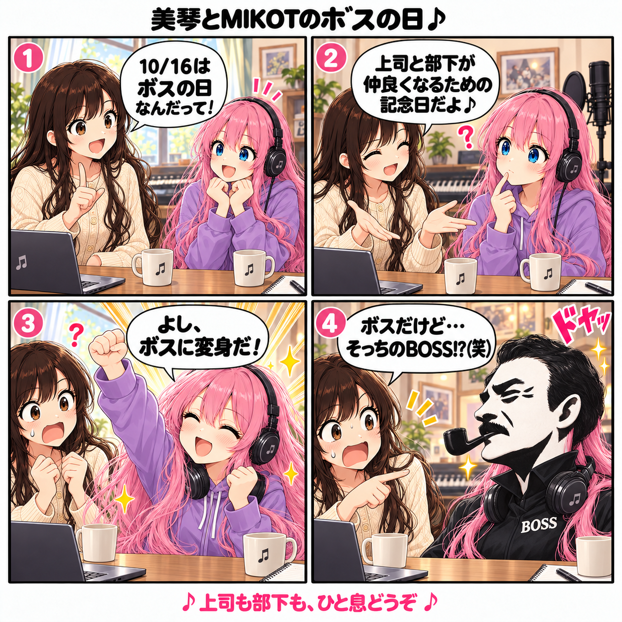美琴とMIKOTOのボスの日。美琴が上司と部下が仲良くなるための記念日だと説明すると、MIKOTOが「ボスに変身だ！」。黒い上着とパイプのボス姿に変わり、美琴が「そっちのBOSS!?」と驚く4コマ漫画。