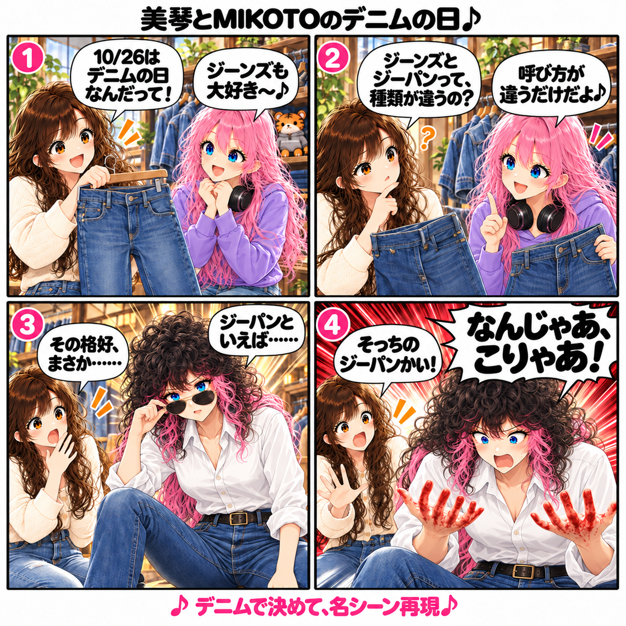 美琴とMIKOTOのデニムの日。10月26日の話題にジーンズを手にする二人。美琴がジーンズとジーパンは種類が違うのかと尋ねると、MIKOTOが呼び方が違うだけだと答える。ジーパンといえばと白いシャツとサングラス姿になったMIKOTOが、赤く染まった手を見て「なんじゃあ、こりゃあ！」。美琴が「そっちのジーパンかい！」と突っ込む4コマ漫画。