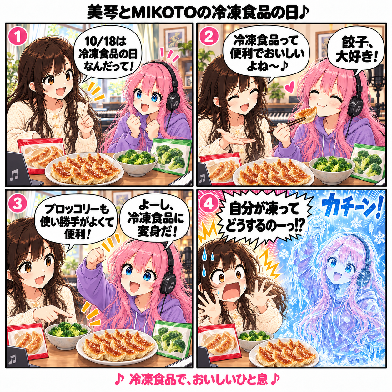美琴とMIKOTOの冷凍食品の日。餃子とブロッコリーを囲み、便利でおいしい冷凍食品の話をする二人。MIKOTOが「冷凍食品に変身だ！」と言うと、自分が氷漬けに。美琴が「自分が凍ってどうするのーっ!?」と驚く4コマ漫画。