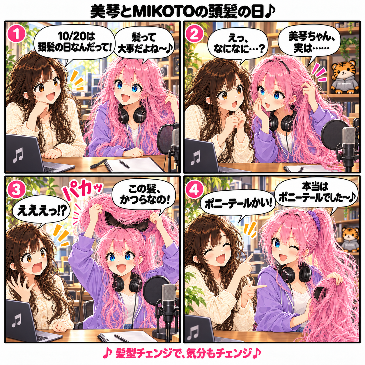 美琴とMIKOTOの頭髪の日。髪は大事だと話す二人。MIKOTOが「この髪、かつらなの！」とピンクの髪を持ち上げると、美琴が驚く。本当はポニーテールだったと明かすMIKOTOに、美琴が「ポニーテールかい！」と笑う4コマ漫画。