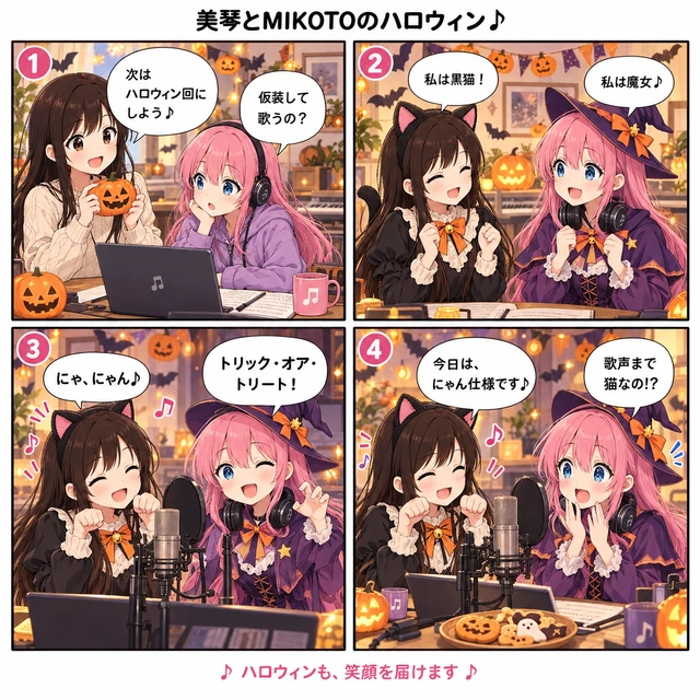 美琴とMIKOTOのハロウィン。黒猫と魔女に仮装した二人が歌い、美琴が「今日は、にゃん仕様です♪」。MIKOTOが「歌声まで猫なの!?」と驚く4コマ漫画。