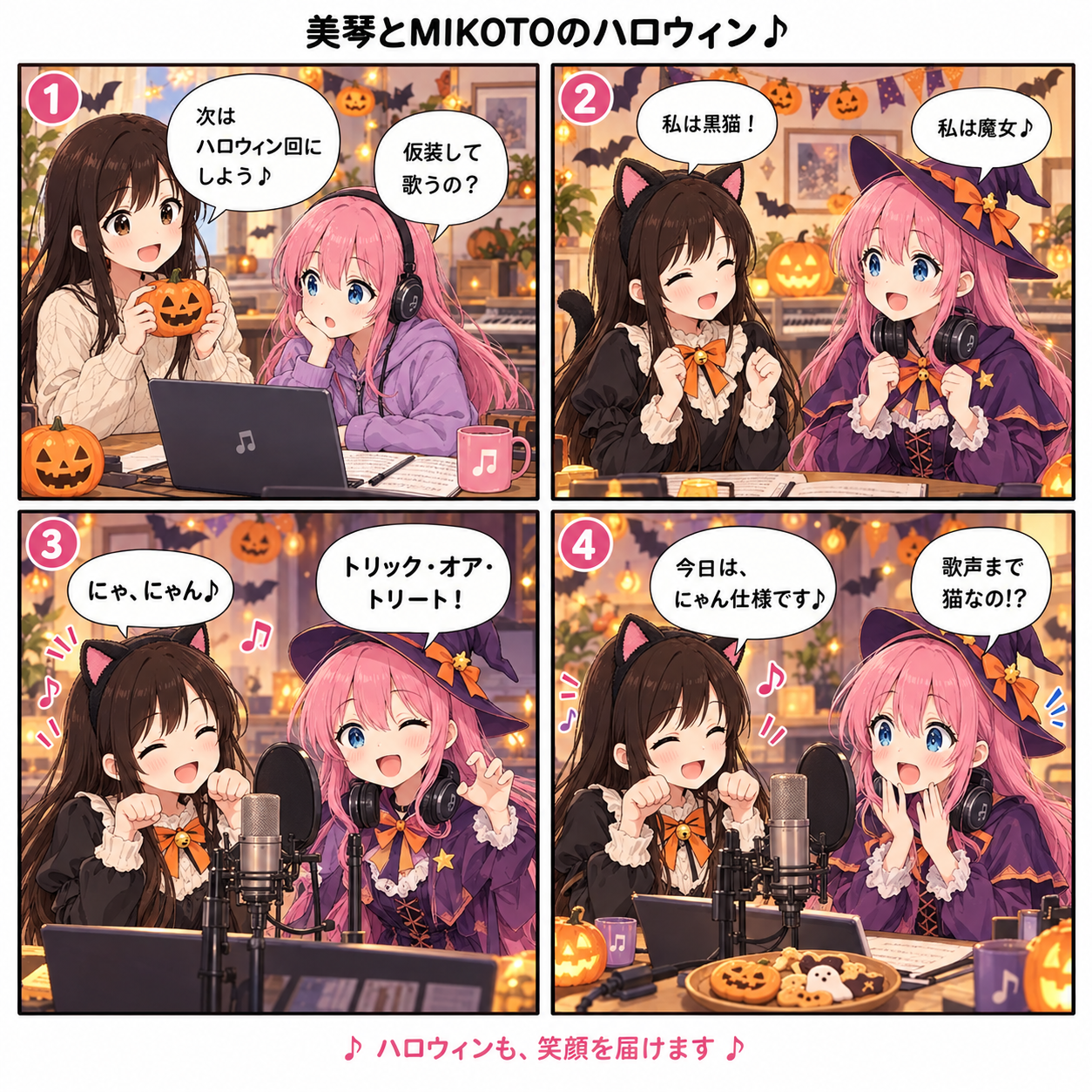 美琴とMIKOTOのハロウィン。黒猫と魔女に仮装した二人が歌い、美琴が「今日は、にゃん仕様です♪」。MIKOTOが「歌声まで猫なの!?」と驚く4コマ漫画。