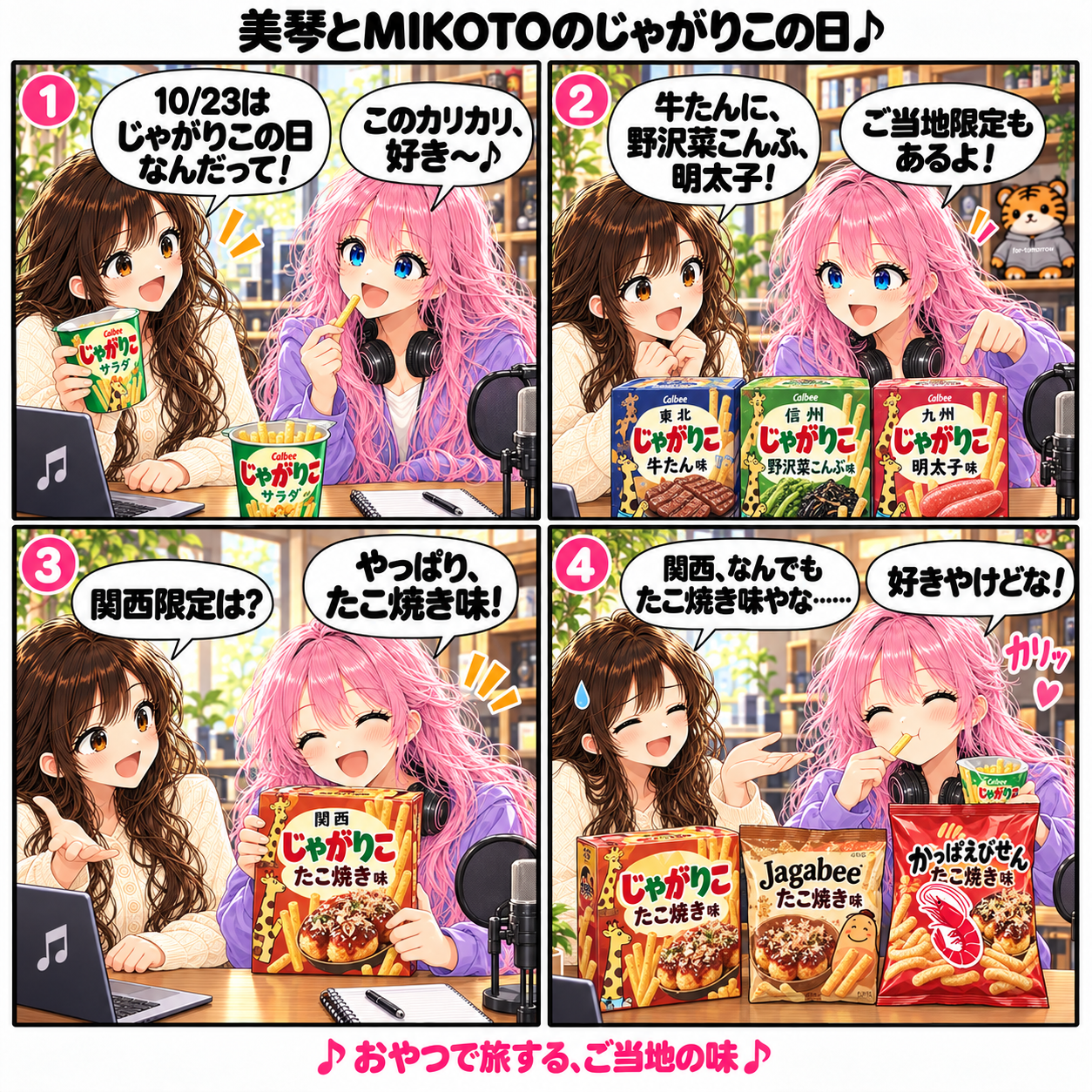 美琴とMIKOTOのじゃがりこの日。10月23日の話題に、二人がじゃがりこを食べながら牛たん、野沢菜こんぶ、明太子などのご当地限定の味を紹介。関西の味を聞かれたMIKOTOがたこ焼き味を見せ、美琴の「関西、なんでもたこ焼き味やな……」に「好きやけどな！」と笑う4コマ漫画。
