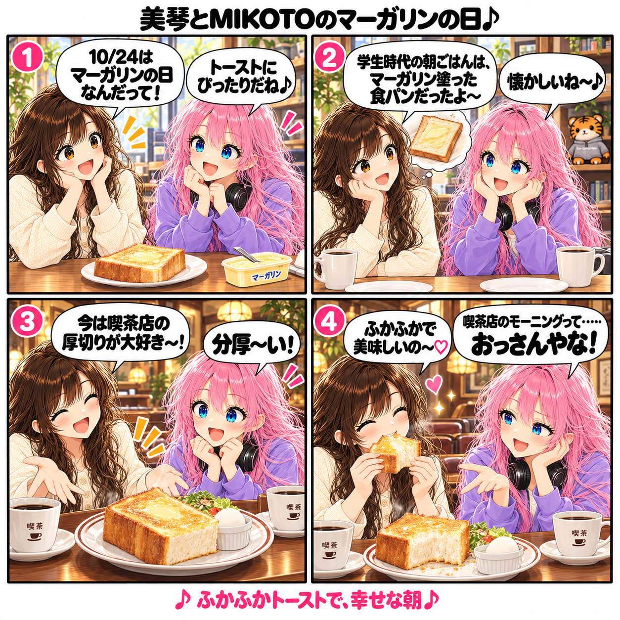 美琴とMIKOTOのマーガリンの日。10月24日の話題から、マーガリンを塗った学生時代の食パンを懐かしむ二人。美琴が今は喫茶店の厚切りトーストが大好きだと話し、ふかふかでおいしいと頬張ると、MIKOTOが「喫茶店のモーニングって……おっさんやな！」と突っ込む4コマ漫画。