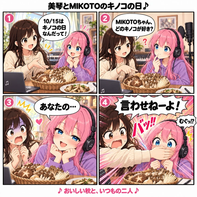 美琴とMIKOTOの4コマ漫画（キノコ回）