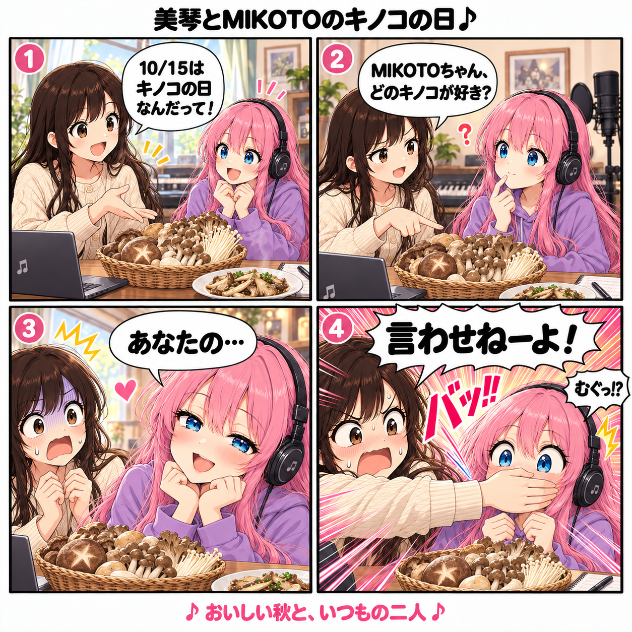 美琴とMIKOTOのキノコの日。キノコの好みを聞かれたMIKOTOが「あなたの…」と言いかけ、美琴が「言わせねーよ！」と止める4コマ漫画。