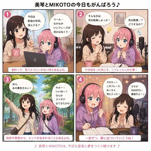 美琴とMIKOTOの今日もがんばろう。新曲のフレーズに悩むMIKOTOを美琴が気分転換へ誘う。木々の景色を見てアイデアが生まれ、二人で曲づくりを再開する4コマ漫画。
