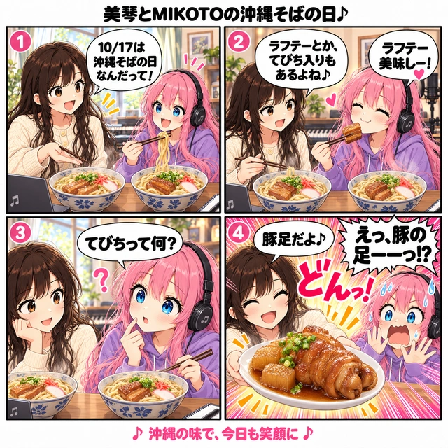 公開済みの美琴とMIKOTOの沖縄そばの日の4コマ漫画。