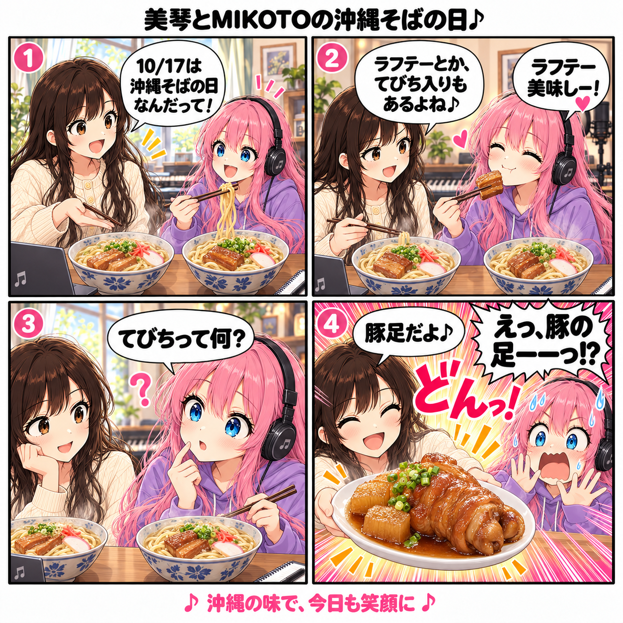 美琴とMIKOTOの沖縄そばの日。二人が沖縄そばとラフテーを楽しみ、美琴がてびち入りもあると話す。MIKOTOが「てびちって何？」と聞くと、美琴が「豚足だよ♪」。MIKOTOが「えっ、豚の足ーーっ!?」と驚く4コマ漫画。