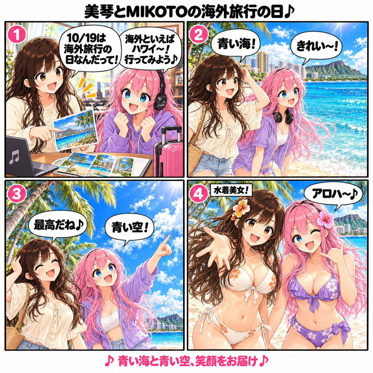 美琴とMIKOTOの海外旅行の日。10月19日の記念日にハワイへ出かけ、青い海と青い空を楽しむ二人。最後は花飾りと水着姿で、笑顔でアロハとあいさつする4コマ漫画。