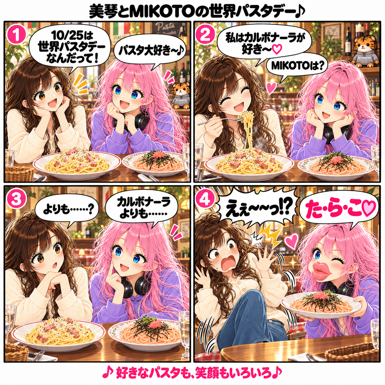 美琴とMIKOTOの世界パスタデー。10月25日の話題に、パスタを囲む二人。カルボナーラが好きな美琴がMIKOTOの好みを尋ねると、「カルボナーラよりも……」と答えかける。美琴が聞き返すと、MIKOTOが唇をたらこのようにして「た・ら・こ」と答え、美琴が驚く4コマ漫画。