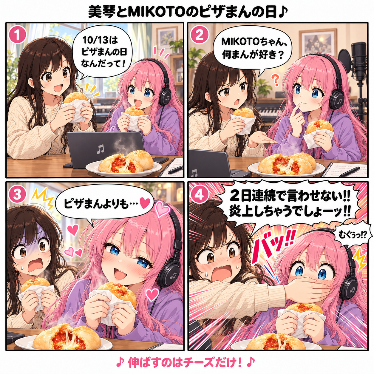 美琴とMIKOTOのピザまんの日。好きなピザまんを聞かれ、MIKOTOが「ピザまんよりも…」。美琴が「2日連続で言わせない!!」と口をふさぐ4コマ漫画。