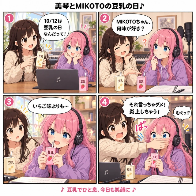 美琴とMIKOTOの豆乳の日。美琴が好きな味を聞き、MIKOTOが「いちご味よりも…」と言いかける。美琴が「それ言っちゃダメ！炎上しちゃう！」と口を押さえる4コマ漫画。