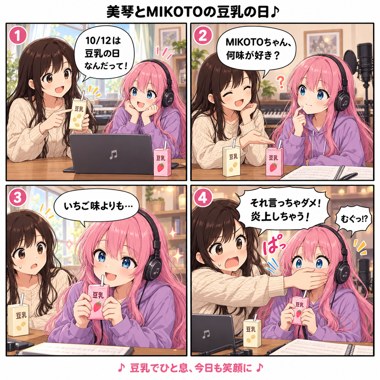 美琴とMIKOTOの豆乳の日。美琴が好きな味を聞き、MIKOTOが「いちご味よりも…」と言いかける。美琴が「それ言っちゃダメ！炎上しちゃう！」と口を押さえる4コマ漫画。