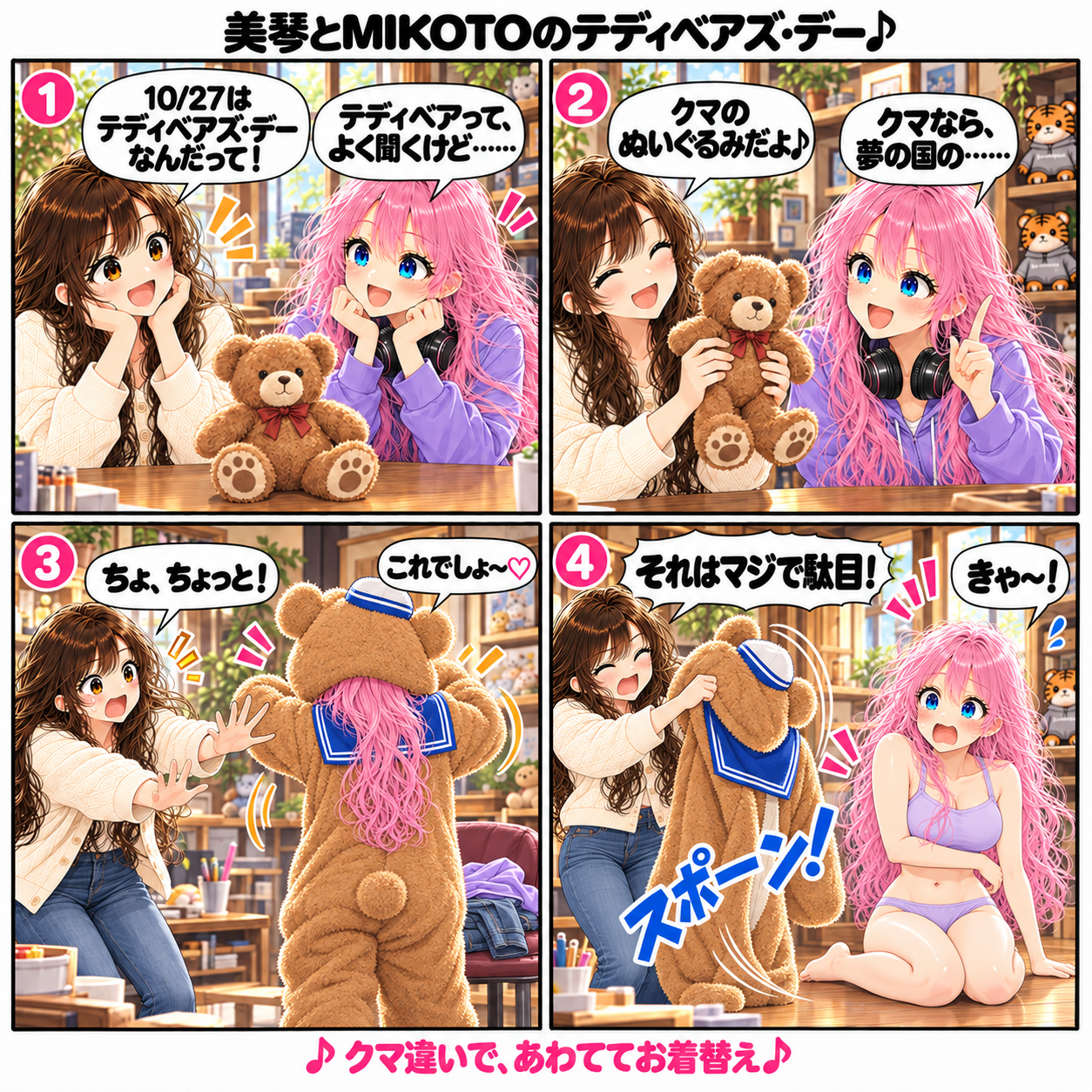 美琴とMIKOTOのテディベアズ・デー。10月27日の話題にクマのぬいぐるみを囲む二人。テディベアを説明する美琴に、MIKOTOが夢の国のクマを連想し、青いセーラー服のクマの着ぐるみ姿に。あわてた美琴が着ぐるみを引っ張ると、座ったMIKOTOの着ぐるみがすっぽり脱げてしまう4コマ漫画。