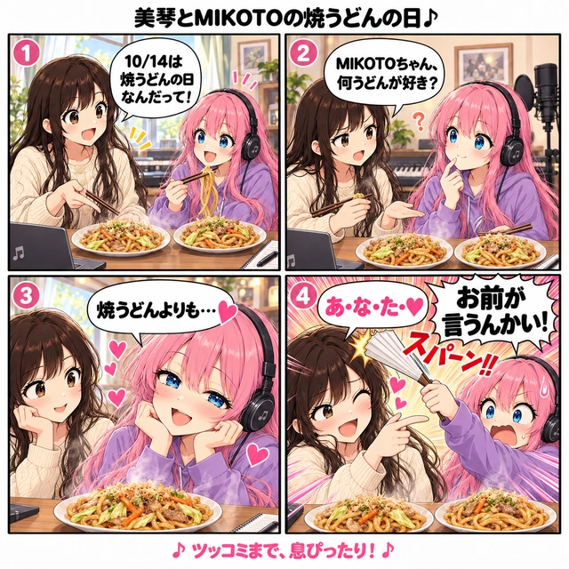 美琴とMIKOTOの焼うどんの日。MIKOTOが好みを答えかけると、美琴が「あ・な・た・♡」。MIKOTOがハリセンで「お前が言うんかい！」と突っ込む4コマ漫画。