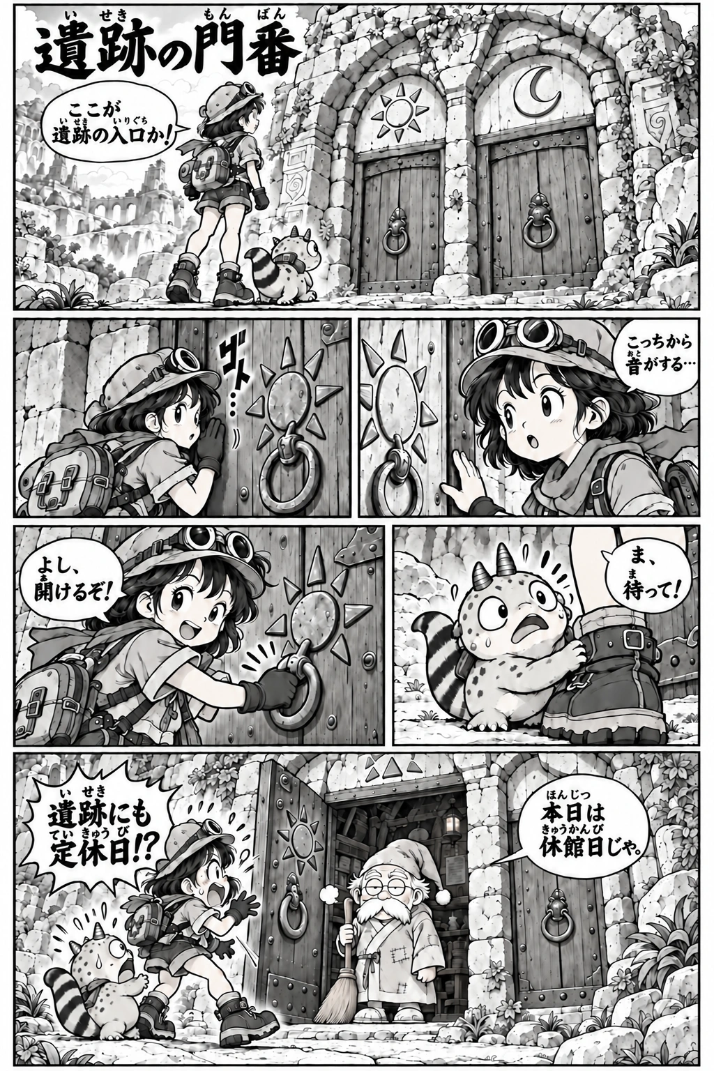 第1話 遺跡の門番。リコとポムが遺跡を訪れると、門番から本日は休館日だと告げられる、ふりがな付きの漫画。