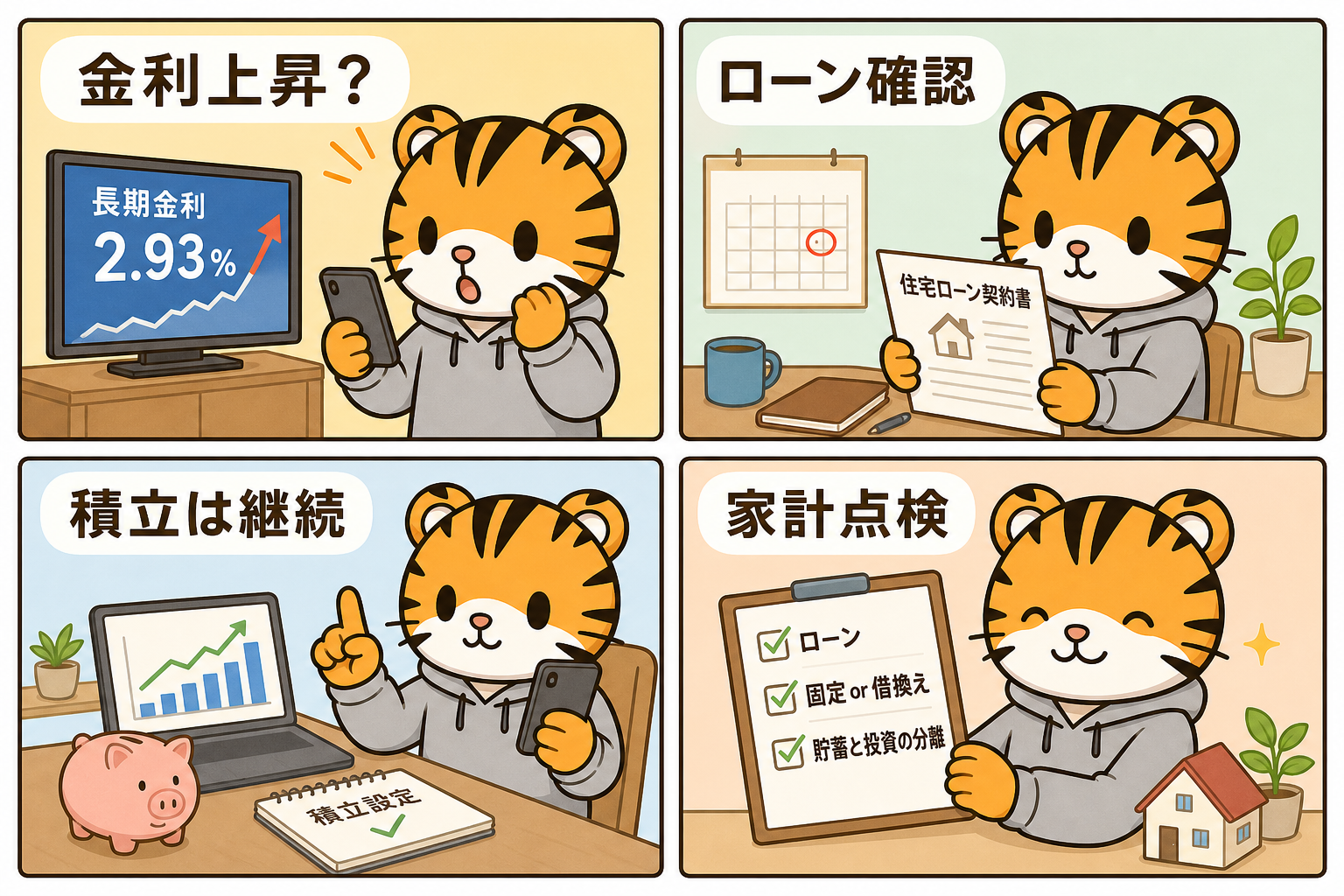 とらさんが長期金利上昇のニュースを見て、住宅ローン確認、積立継続、家計点検をする4コマ漫画