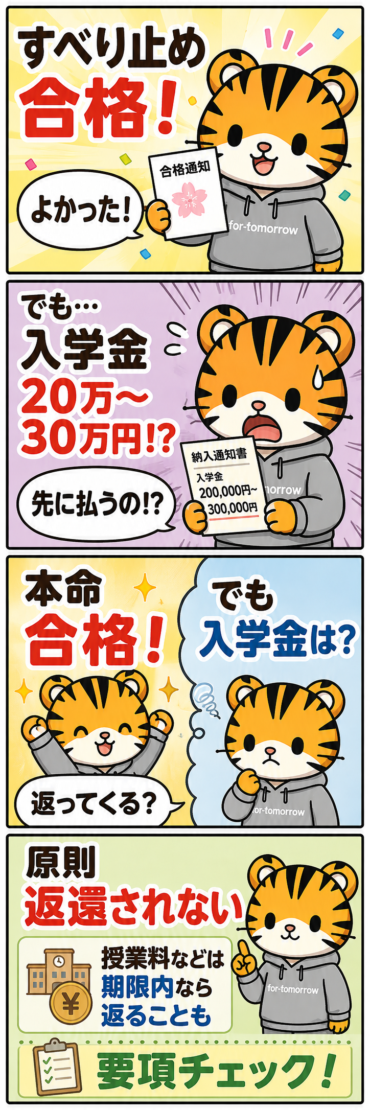大学の入学金は原則返還されないことをとらさんが説明する4コマ漫画