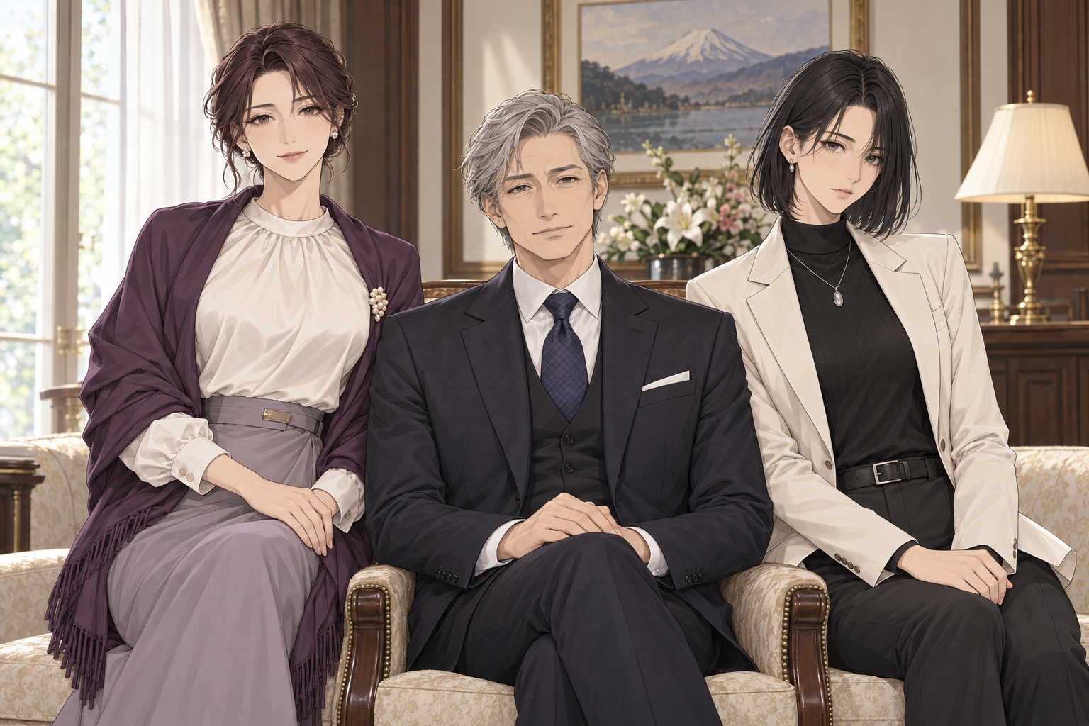 玲子、泰蔵、若い女性の家族写真。玲子は紫のショールと真珠のような飾りを身につけている。