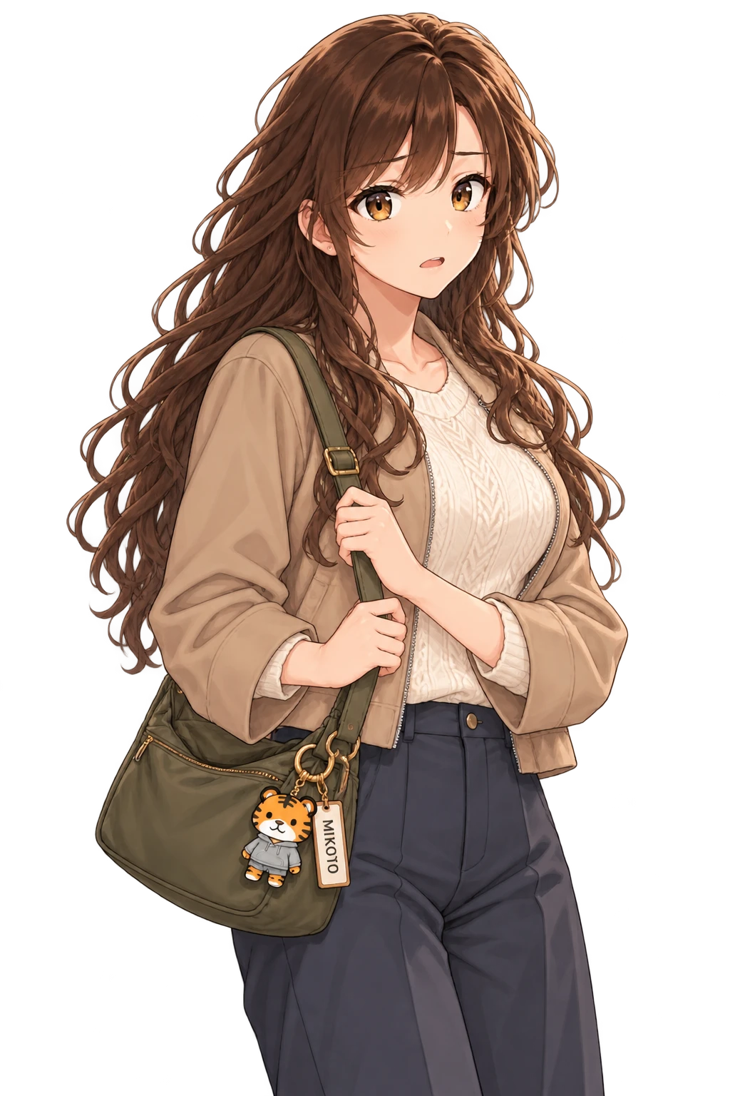 不安げな表情で鞄のストラップを持つ美琴